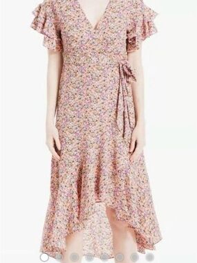 Max Studio Pink Floral Ruffle Wrap High-Low Dress size large (rm86)